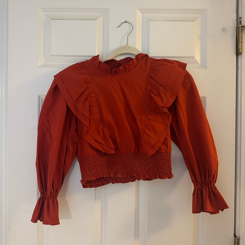 Zara Red Ruffled Long Sleeve Top